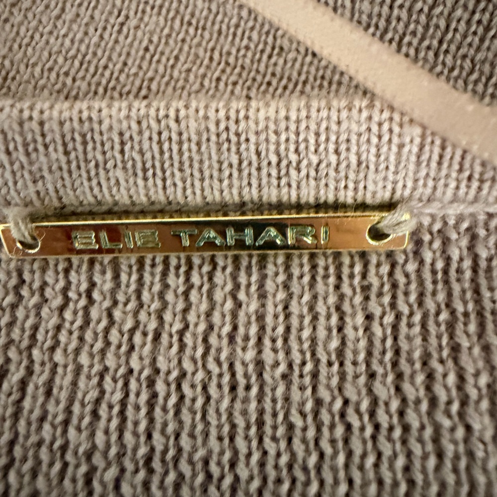 Elie Tahari Beige Cardigan with Lamb Leather Lapels - Picture 4 of 6